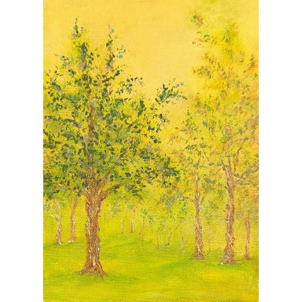 Into the Trees - Acrylic Forest Landscape Painting by Deb Bossert Artworks, 5x7"